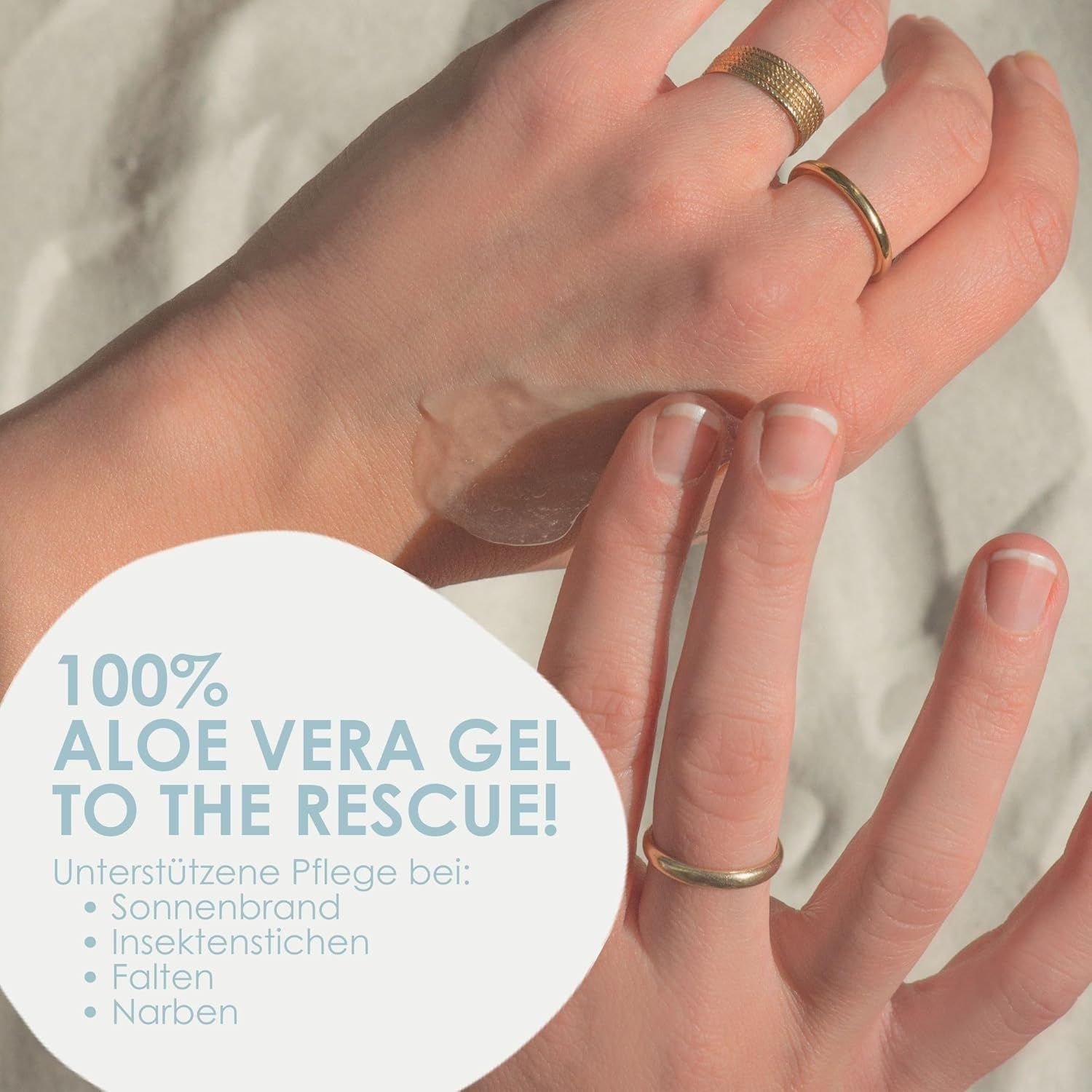 Hände mit Gel. Text: 100% Aloe Vera Gel TO THE RESCUE! Unterstützende Pflege bei: Sonnenbrand, Insektenstichen, Falten, Narben.