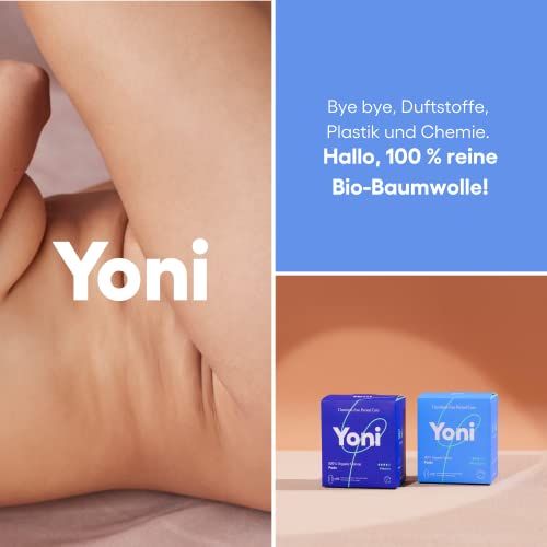 Zwei blaue Schachteln mit "Yoni"-Logo und Text. Daneben ein Bild.