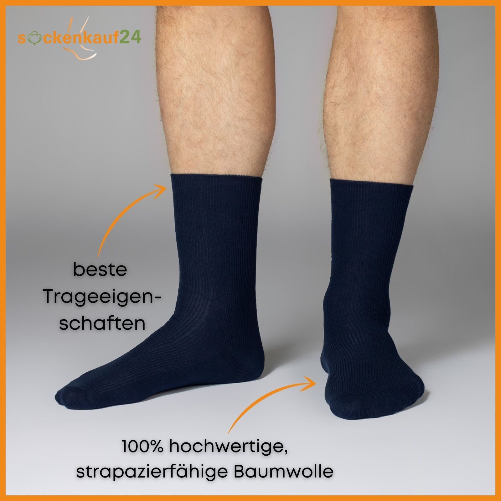Blaue Socke am Bein. Beste Trageeigenschaften. 100% hochwertige, strapazierfähige Baumwolle.