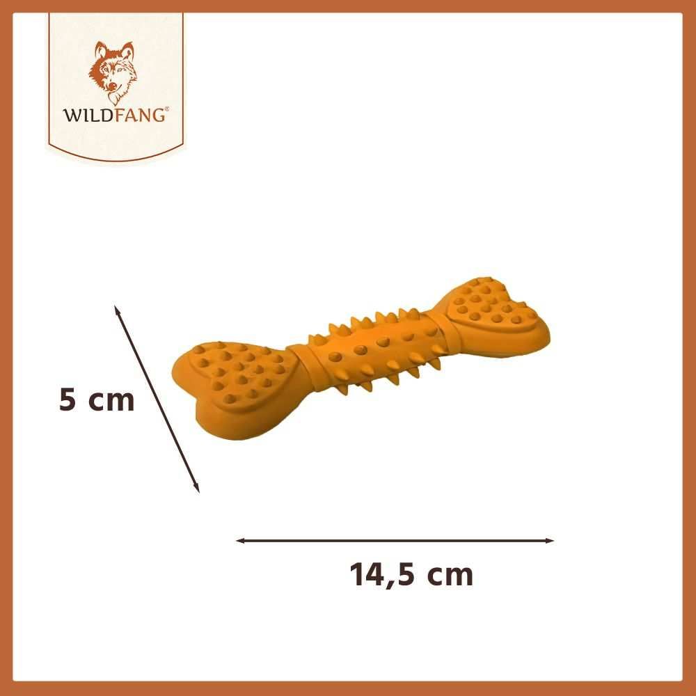 Quietschknochen aus Naturkautschuk. Orange, mit Maßen: 14,5 cm lang, 5 cm breit. WILDFANG Logo.