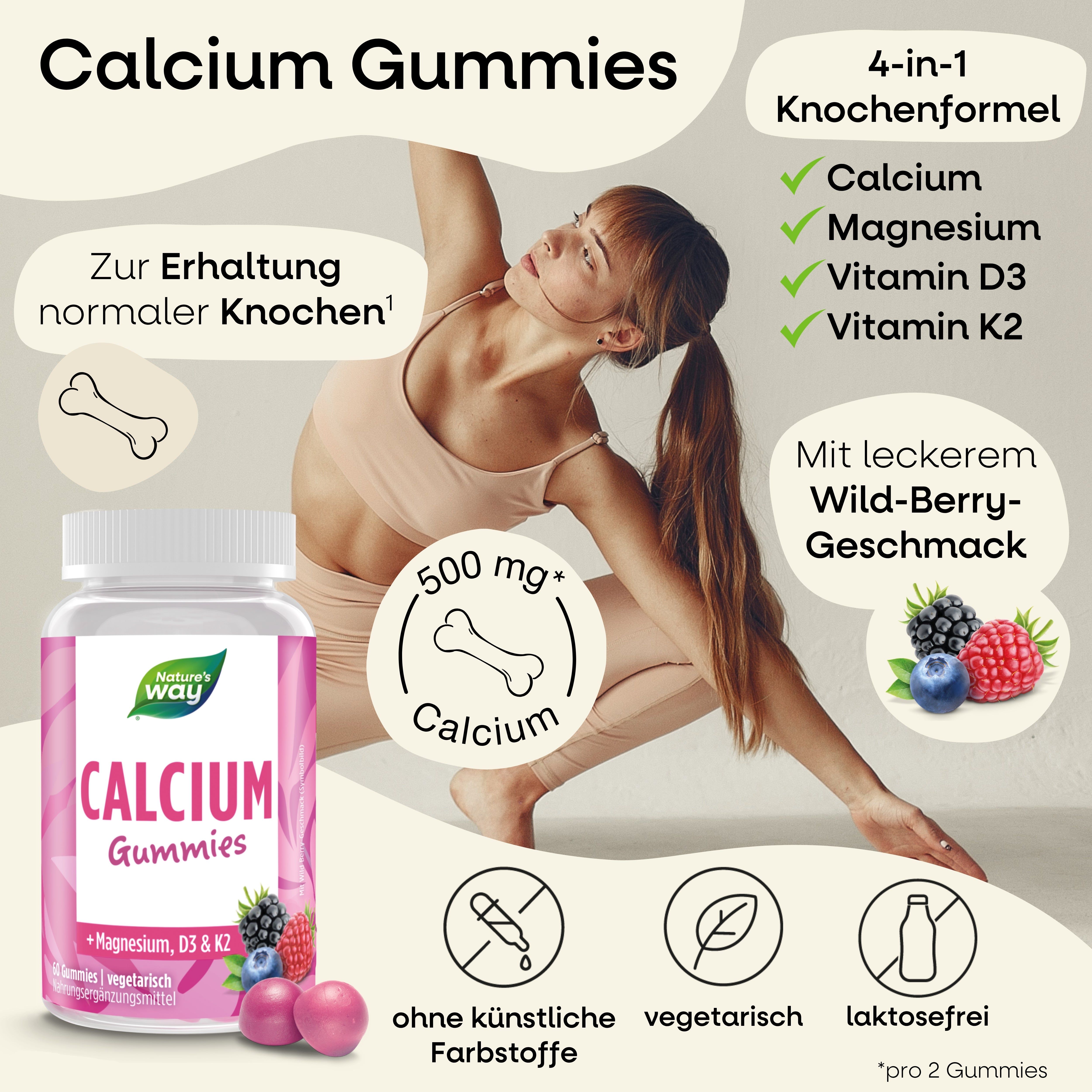 Eine Flasche Calcium Gummies von Nature's Way. Aufschrift: Calcium Gummies. Eine Frau macht Yoga. Auf der Flasche steht: 500 mg Calcium.