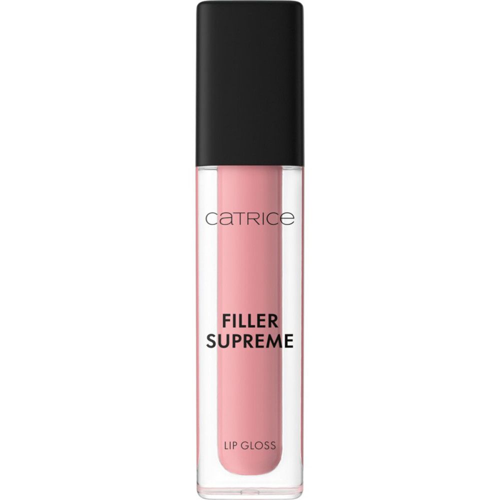 Catrice Supreme Lippenfiller Gloss. Transparente Flasche mit rosa Inhalt. Schwarzer Deckel. Aufschrift: Filler Supreme, Lip Gloss.