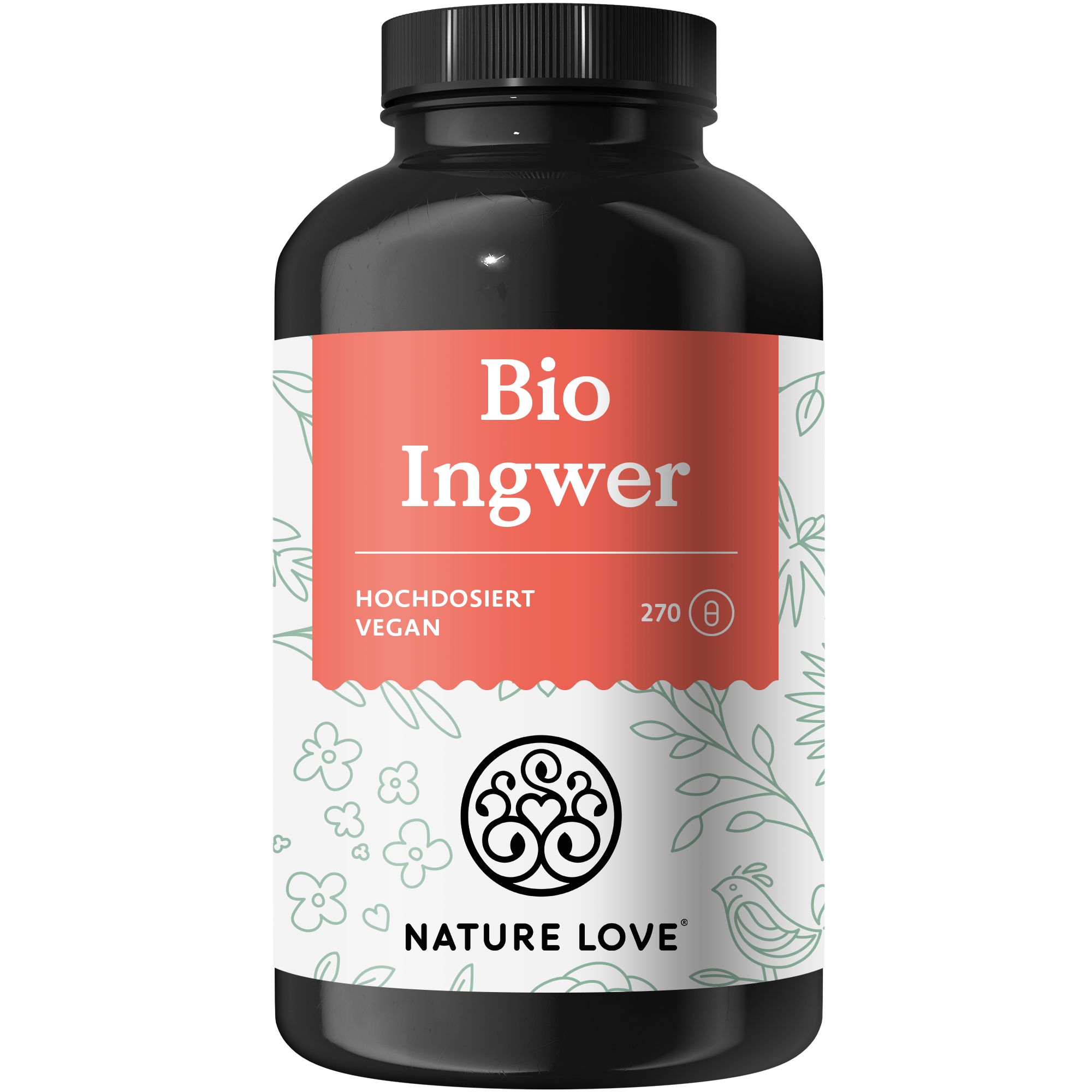Schwarze Flasche mit rotem Etikett. Aufschrift: Bio Ingwer, 270 Kapseln, vegan. Marke: NATURE LOVE.
