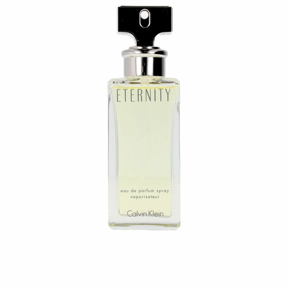 Eckige Glasflasche mit schwarzem Verschluss. Aufschrift: Eternity, Calvin Klein. Eau de Parfum Spray.