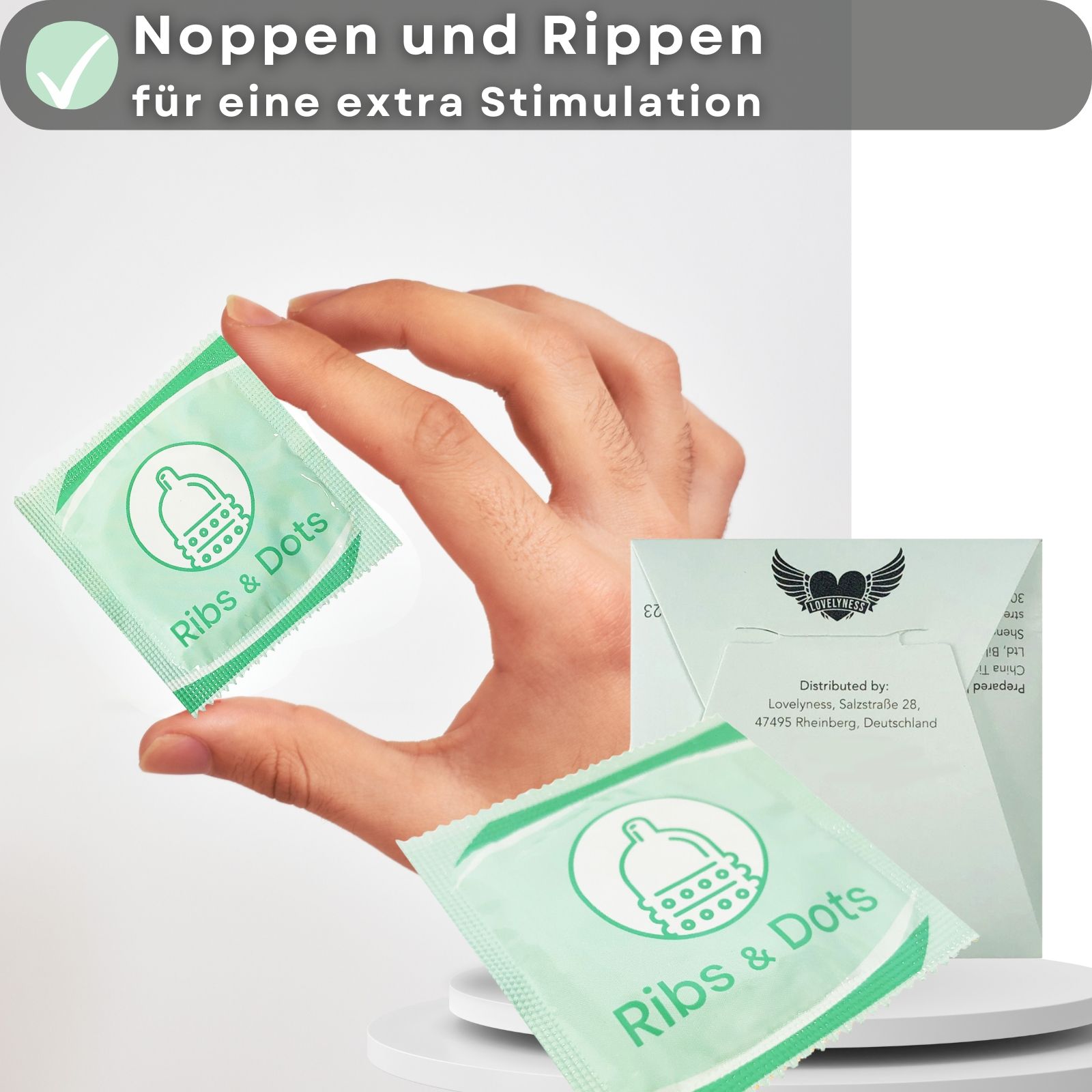 Kondomverpackung mit Aufdruck « Ribs & Dots ». Einzeln verpackt. Extra Gleitgel.