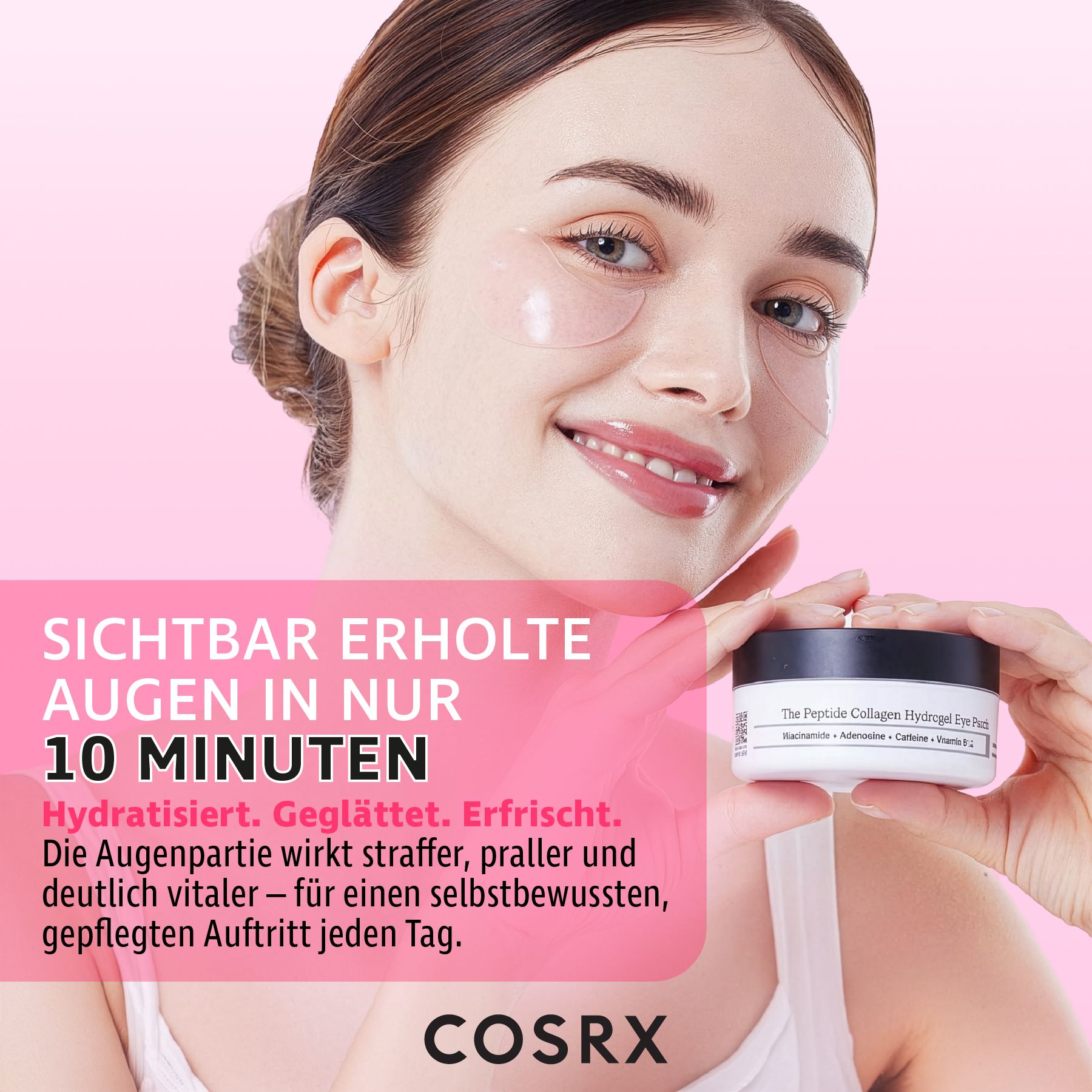 Frau hält Dose mit Augenpads. Text: The Peptide Collagen Hydrogel Eye Patch. COSRX Logo. Sichtbar erholte Augen in 10 Minuten.