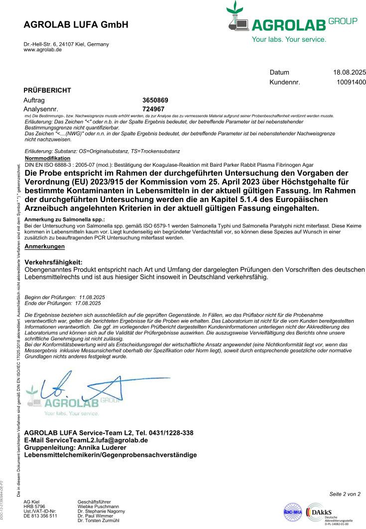 Fortsetzung des Prüfberichts von Agrolab LUFA GmbH. Informationen zur Konformität und den durchgeführten Untersuchungen.