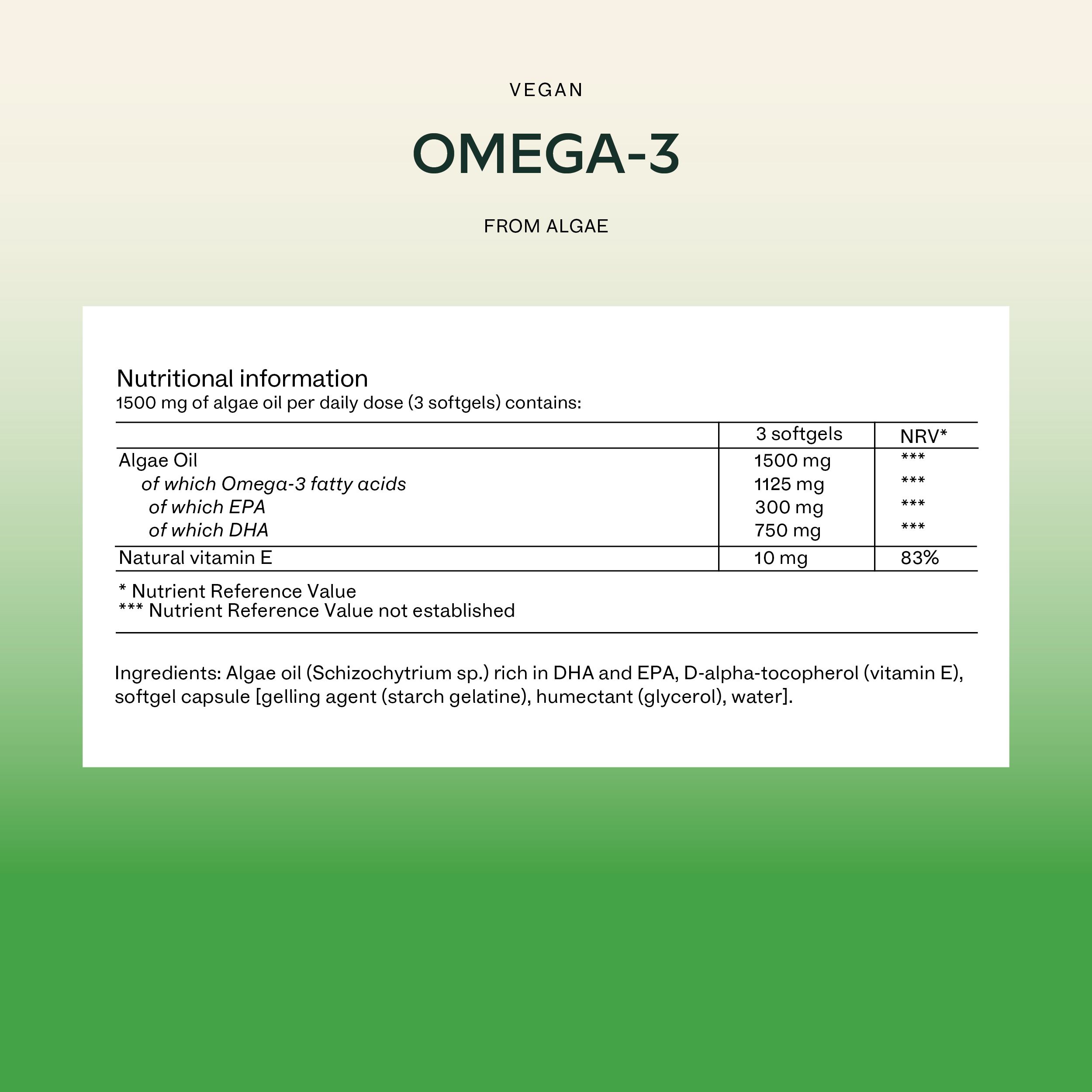 Text auf grünem Hintergrund: Vegan Omega-3. Nährwertangaben. Inhaltsstoffe: Algenöl, DHA, EPA, Vitamin E. Weiße Schrift.