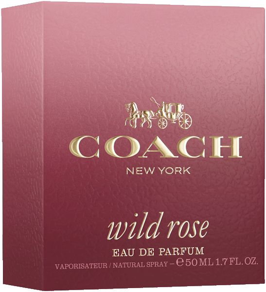 Verpackung mit Logo und Schriftzug "Coach New York". Darunter "wild rose" und "EAU DE PARFUM".