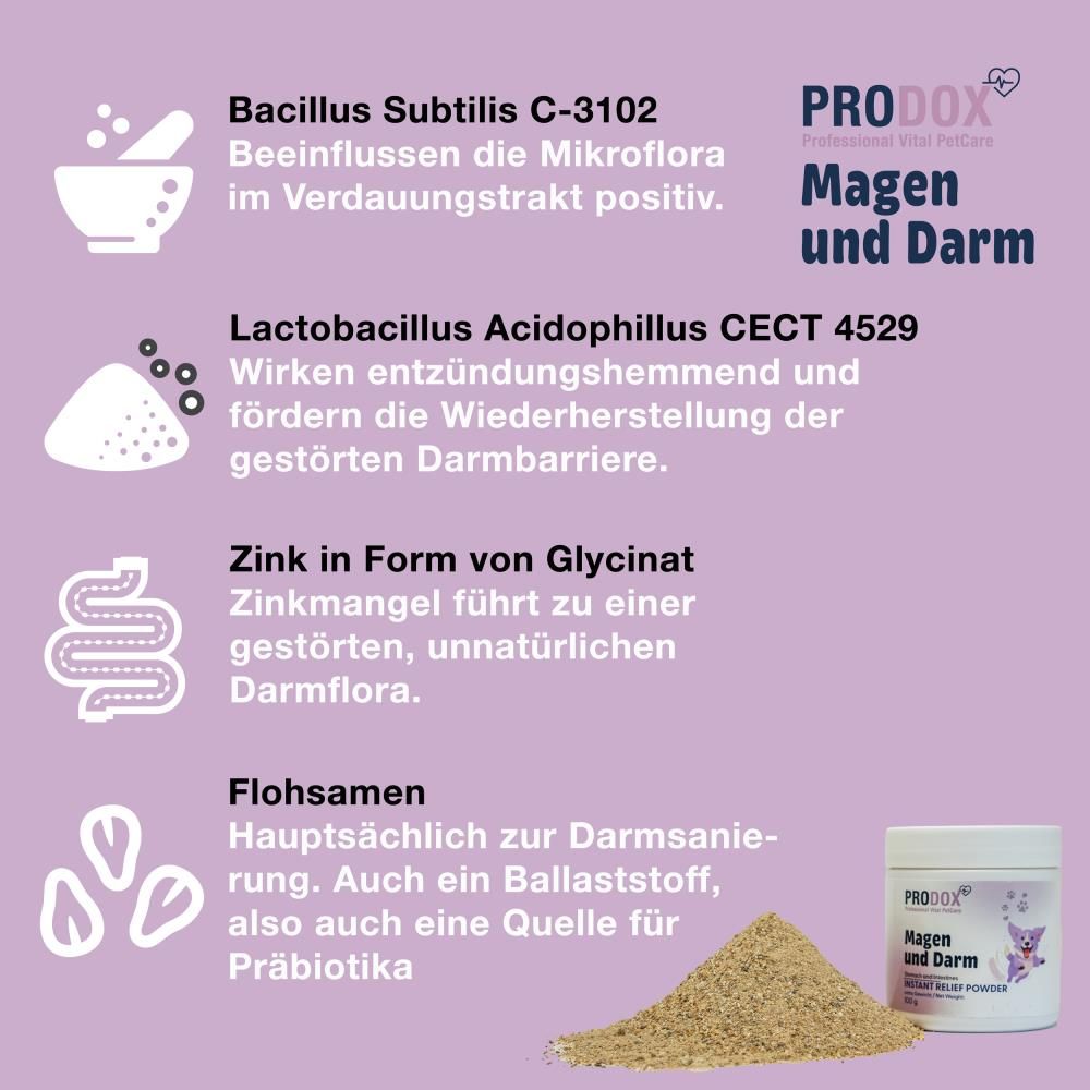 Lila Hintergrund mit Text und Illustrationen. PRODOX, Magen und Darm, INSTANT RELIEF POWDER. Haufen braunes Pulver. Illustrationen zu Bacillus Subtilis, Lactobacillus, Zink, Flohsamen.