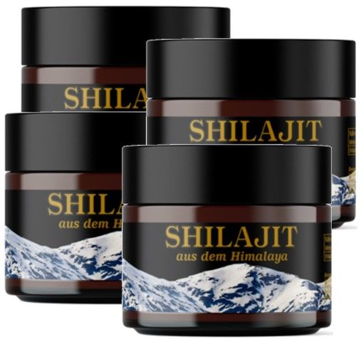 Vier Gläser Shilajit, schwarze Deckel, goldfarbener Schriftzug. Aufschrift: Shilajit aus dem Himalaya. Berge im Hintergrund.