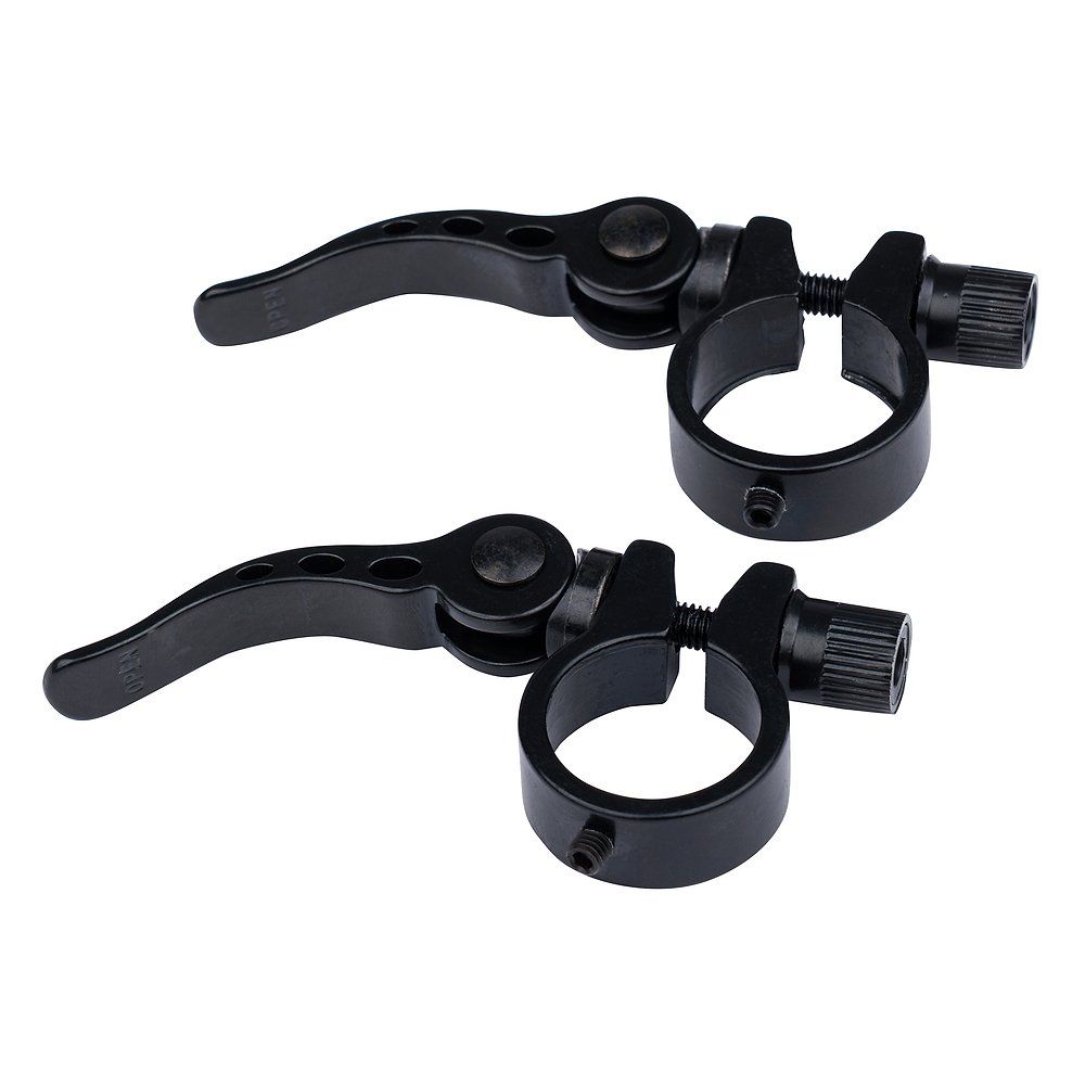Zwei schwarze Schnellspannverschlüsse. Jeder hat einen Hebel, eine runde Halterung und eine Schraube.