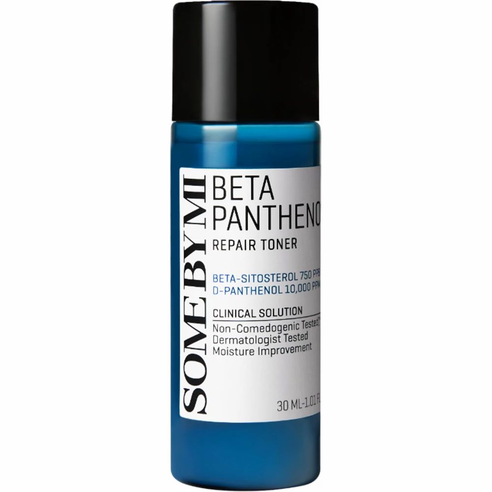 Blaue Flasche mit schwarzem Deckel. Aufschrift: SOME BY MI, BETA PANTHENOL REPAIR TONER. Text: BETA-SITOSTEROL, D-PANTHENOL, CLINICAL SOLUTION.