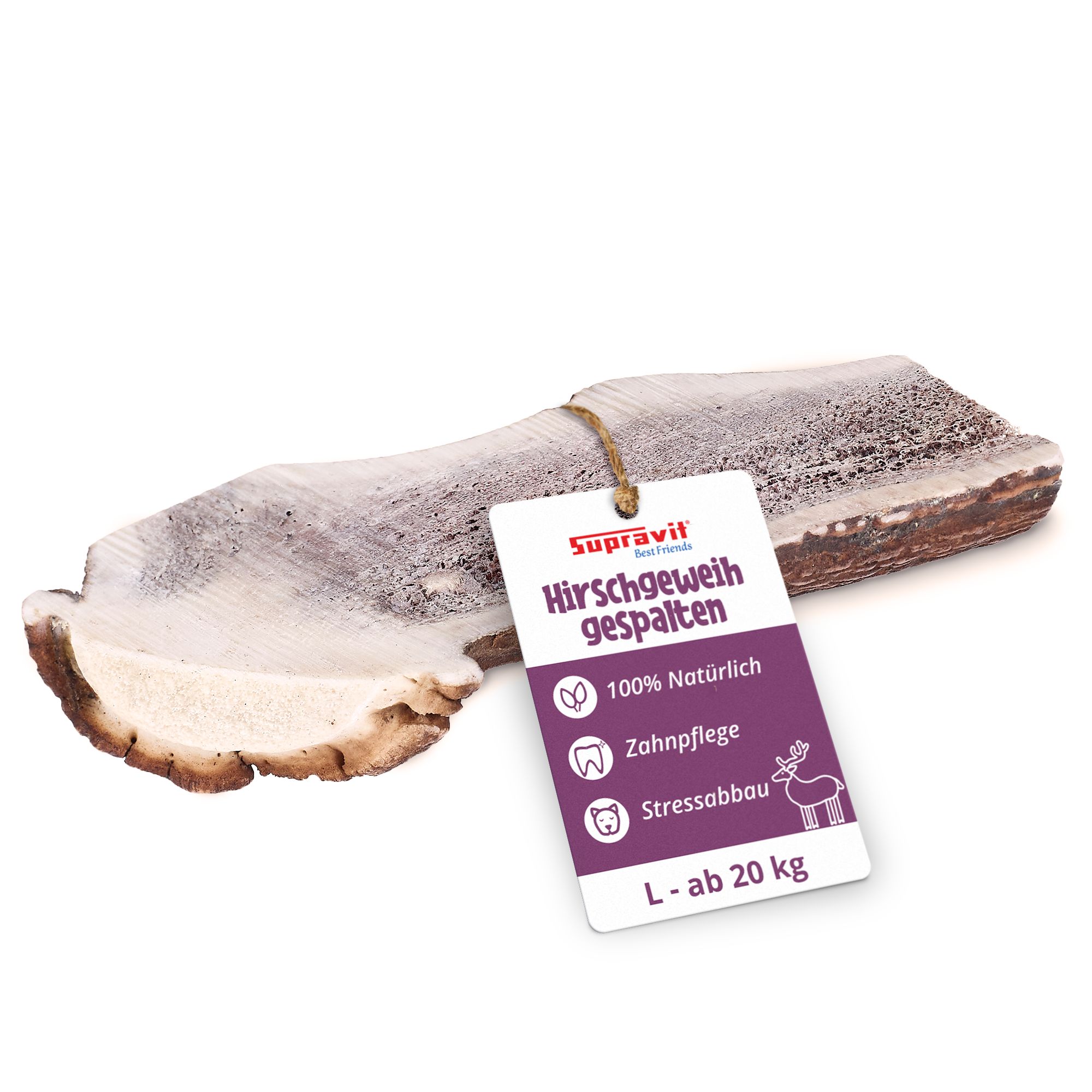 Hirschgeweih mit Anhänger. Text: Supravit Hirschgeweih gespalten, 100% natürlich, Zahnpflege, Stressabbau. L-ab 20 kg.