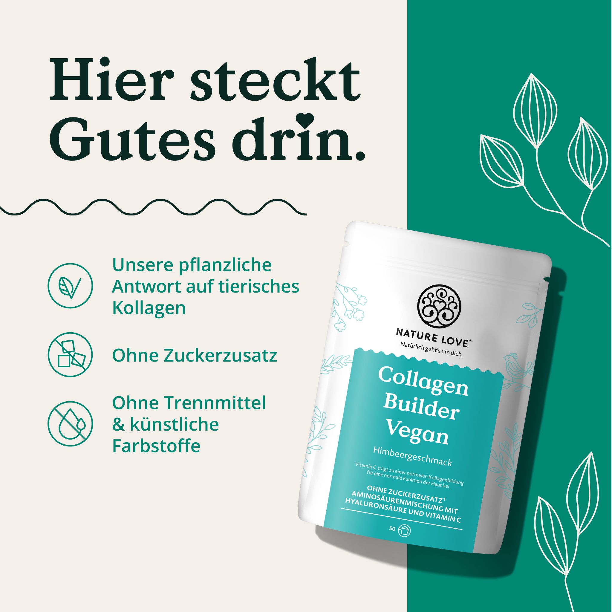 Verpackung NATURE LOVE Collagen Builder Vegan Himbeergeschmack. Text: Hier steckt Gutes drin.