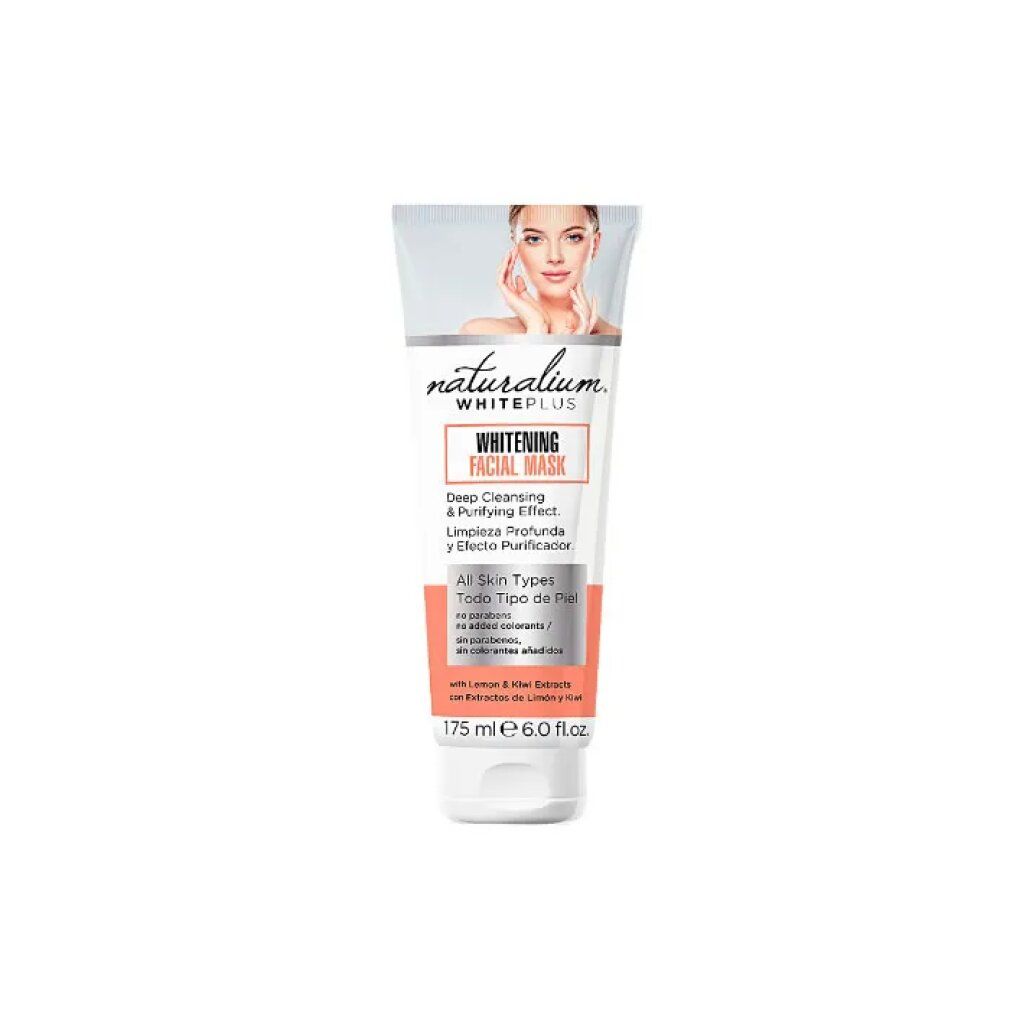 Weiß-orange Tube. Text: Whitening Facial Mask, Deep Cleansing & Purifying Effect. Für alle Hauttypen. Mit Zitrone & Kiwi Extrakten.