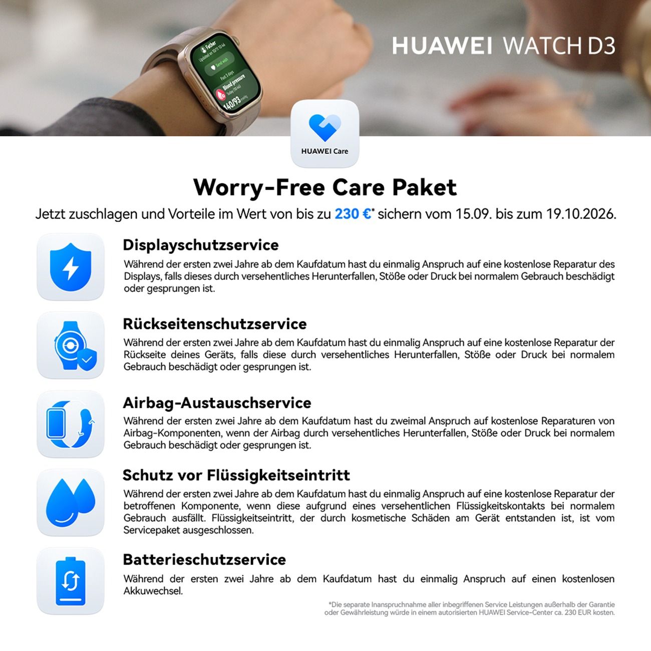 Huawei Watch D3 am Handgelenk, mit Informationen zu Schutzpaketen.