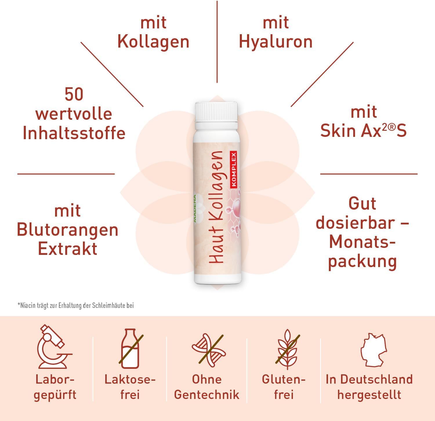Ampulle mit Haut Kollagen Komplex. Enthält Kollagen, Hyaluron, Skin Ax2, Blutorangen Extrakt. Laborgeprüft, laktosefrei, ohne Gentechnik, glutenfrei.