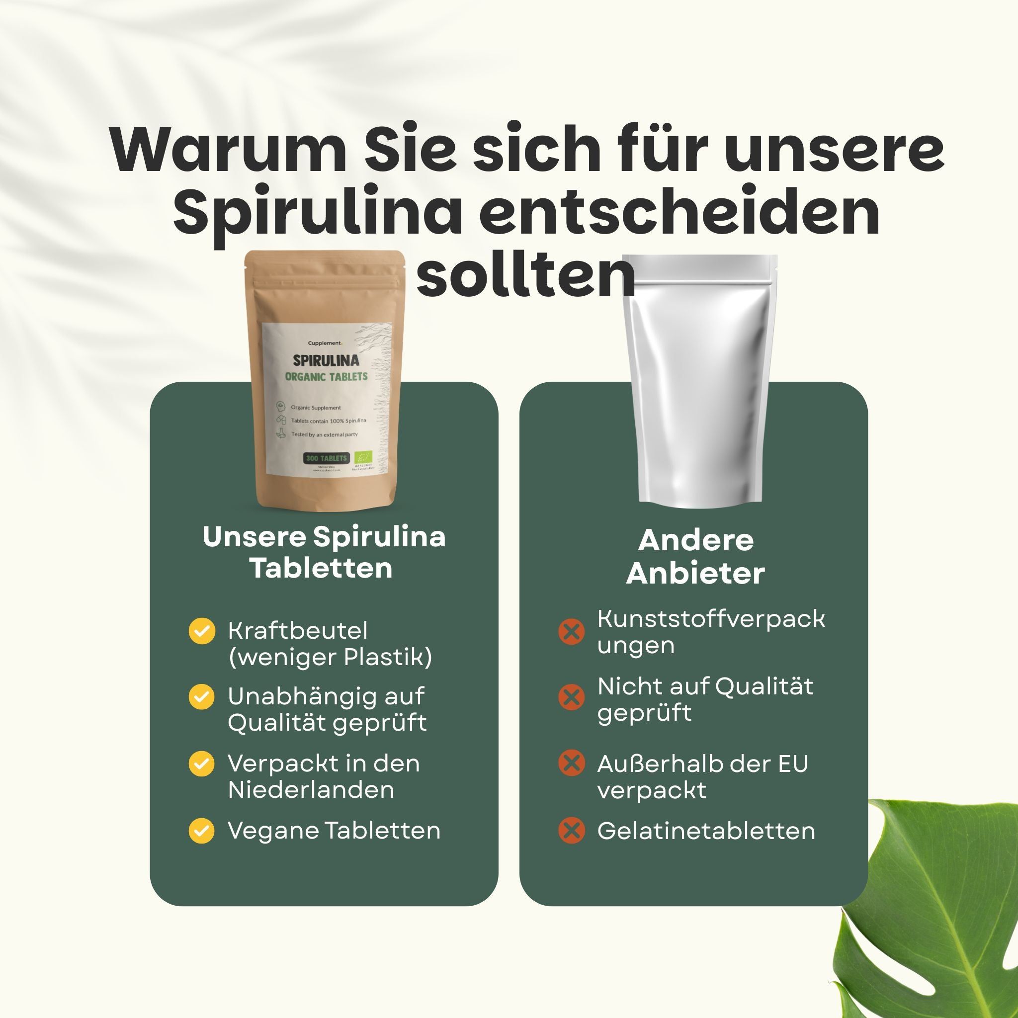 Zwei braune Tüten mit Spirulina-Tabletten. Text: Unsere Spirulina Tabletten. Andere Anbieter. Vegane Tabletten.