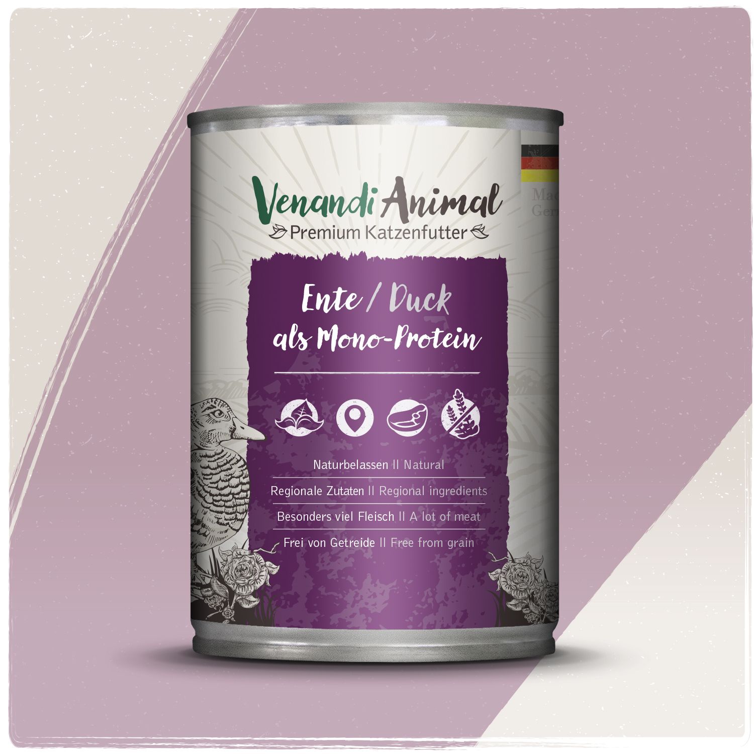 Eine Dose Venandi Animal Enten-Monoprotein-Katzenfutter, präsentiert auf einem zartlila Hintergrund mit floralen Akzenten.