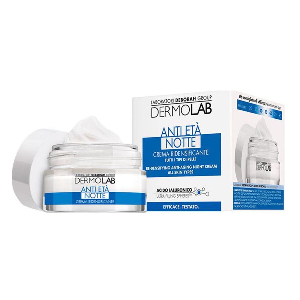 Geöffneter Creme-Tiegel und Verpackung. Aufschrift: Dermolab, Anti-Age Nachtcreme. Blaue Akzente. Creme sichtbar.