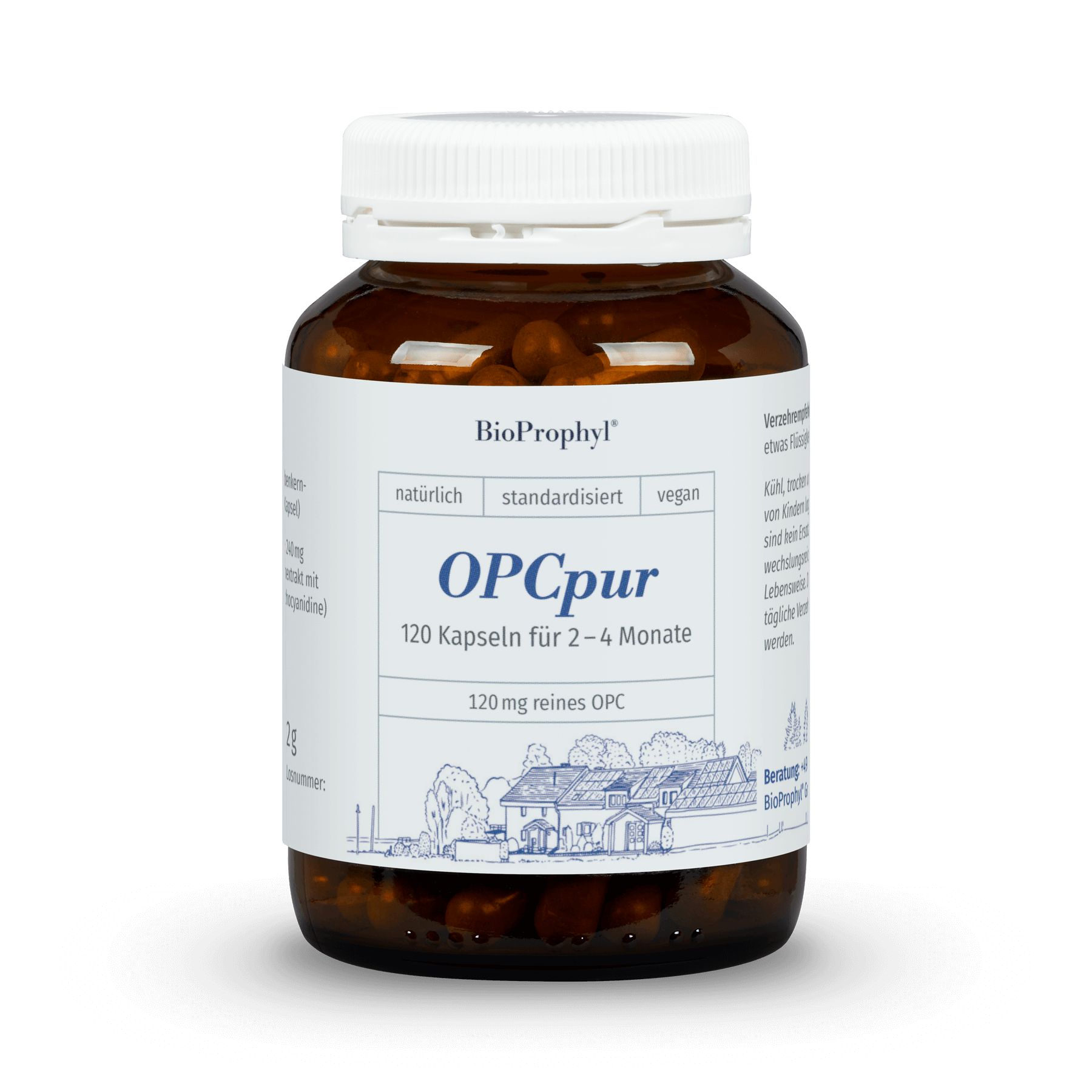 Braune Glasflasche mit weißen Deckel. Etikett mit "BioProphyl OPCpur". 120 Kapseln, vegan.