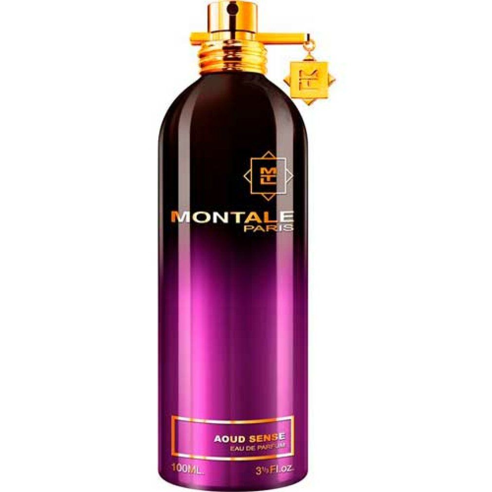 Flasche mit goldfarbenem Verschluss und Anhänger. Dunkel-pinkfarbener Farbverlauf. Aufschrift Montale Paris und Aoud Sense.