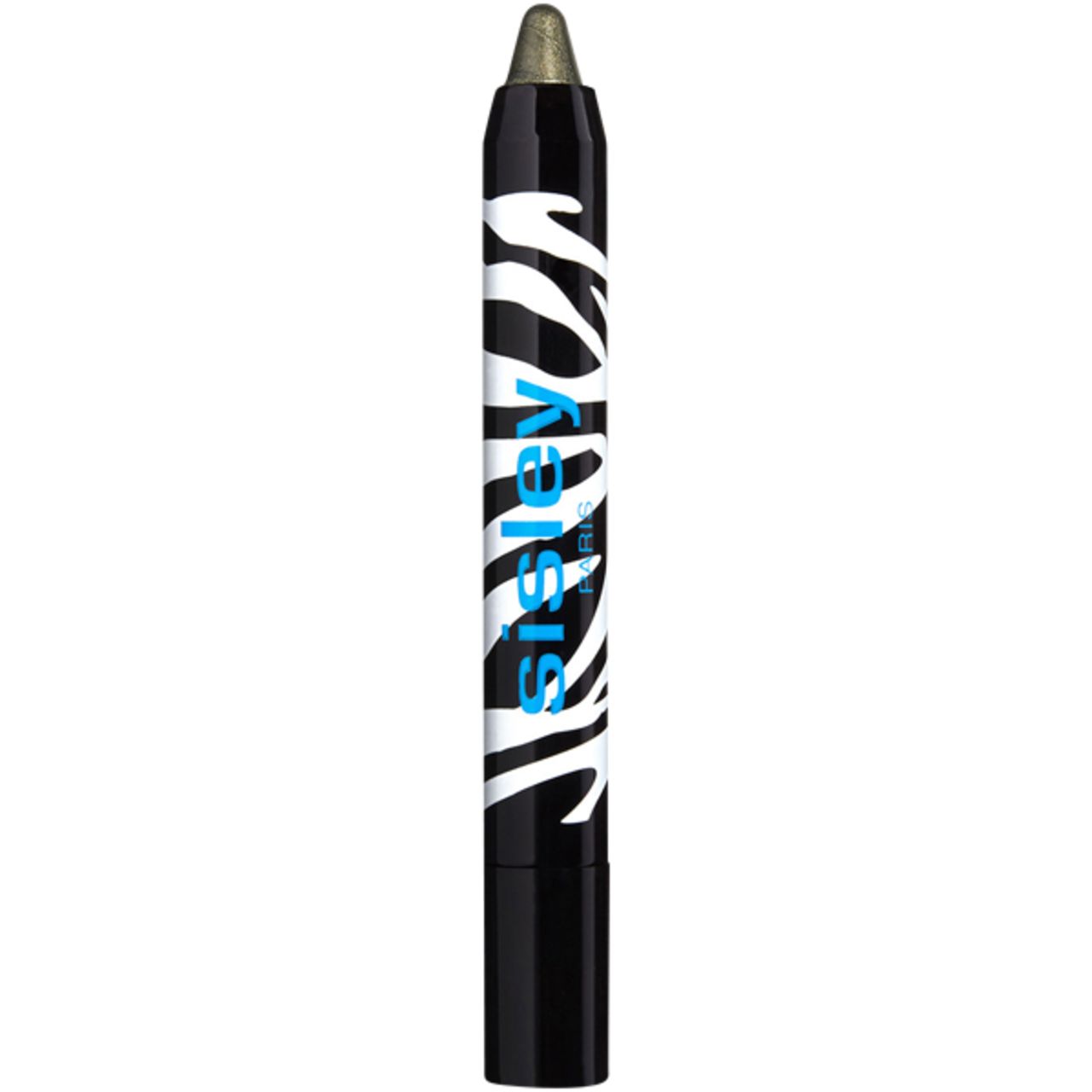 Sisley Phyto-Eye Twist, schwarz-weiß gestreift, mit blauem Schriftzug. Die Spitze ist goldfarben.