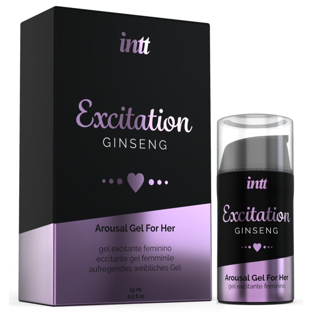 Produktverpackung und Flasche. Aufschrift: intt Excitation GINSENG, Arousal Gel For Her. Verpackung: schwarz, lila.