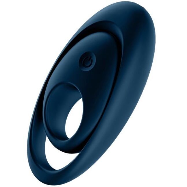 Blauer Duo-Ring-Vibrator. Ovale Form mit zwei Ringen und einer Taste. Schräge Ansicht.