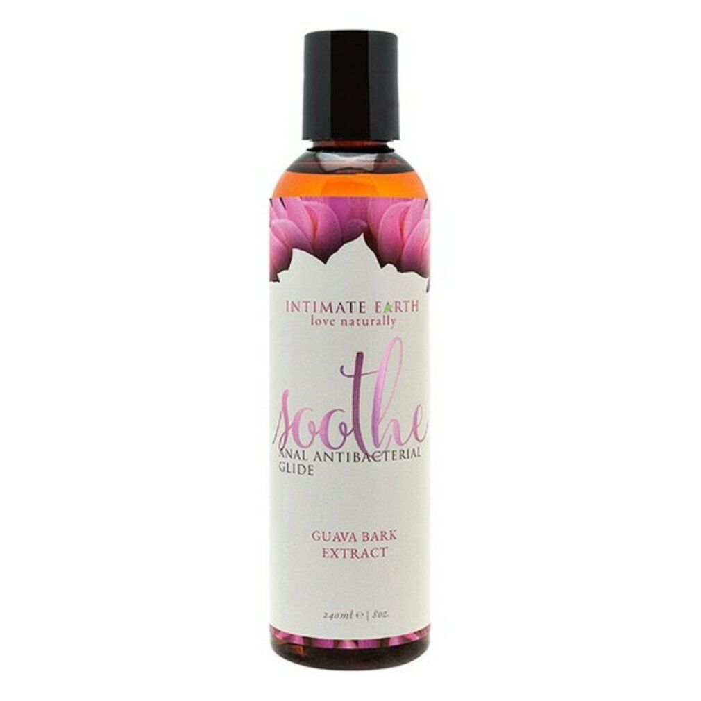 Zylindrische Flasche mit schwarzem Deckel. Etikett mit Text: Intimate Earth, Soothe, Anal Antibacterial Glide, Guava Bark Extract.