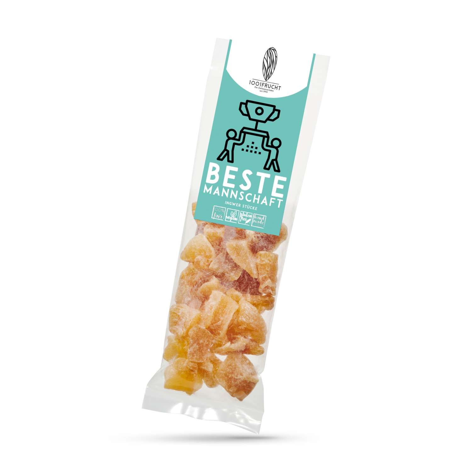 Verpackung mit getrockneten Fruchtstücken. Aufschrift: Beste Mannschaft. Logo: 1001 Frucht.