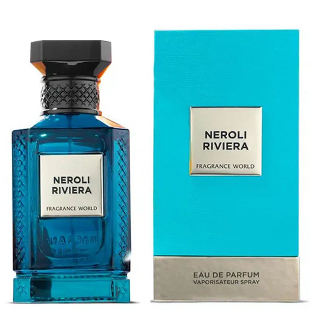 Blaues Parfümflakon neben einer blauen Schachtel. Auf dem Etikett steht "NEROLI RIVIERA" und "FRAGRANCE WORLD".