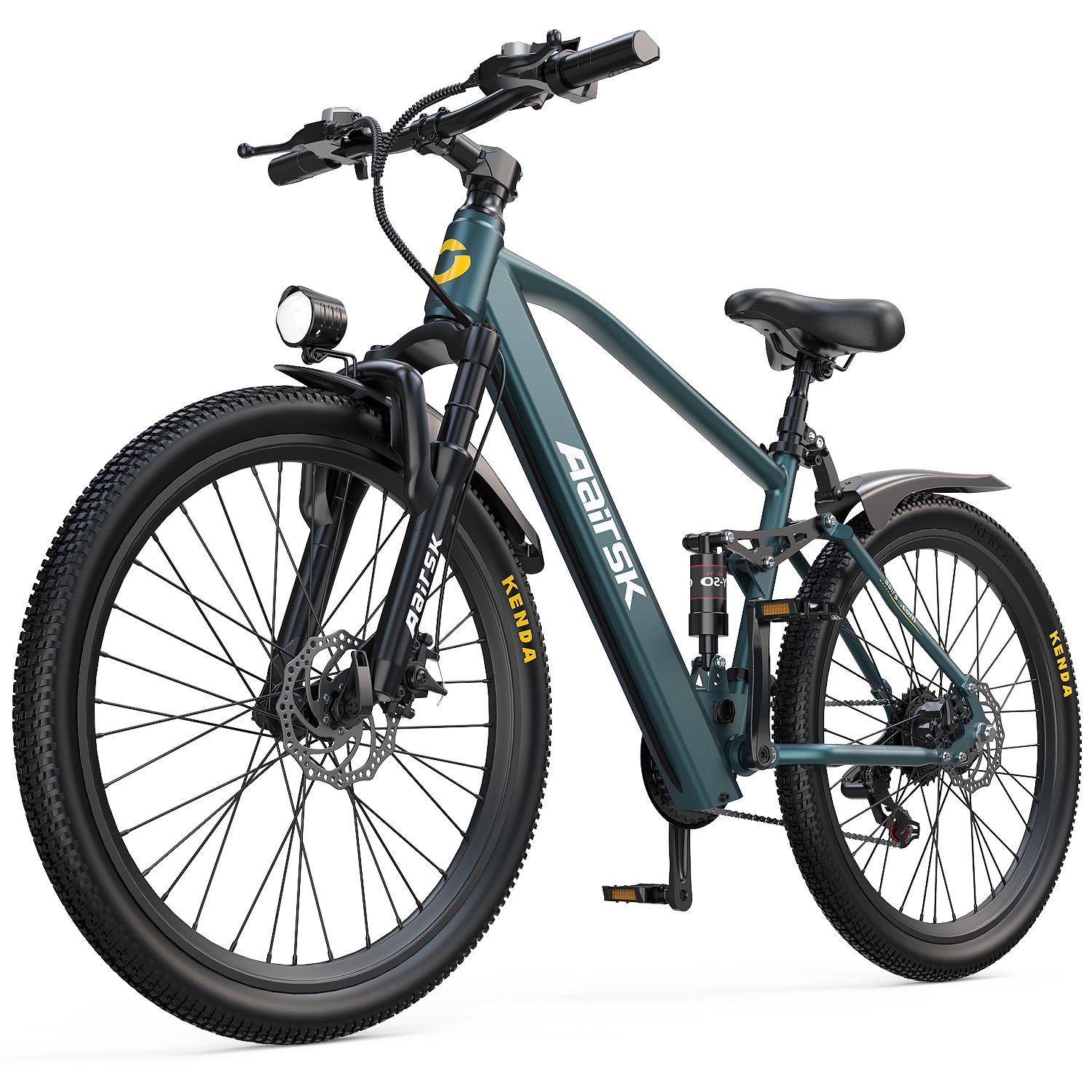 E-Bike, blaugrün, mit Doppelaufhängung. Aairsk-Logo. Schwarze Reifen, Kenda-Aufschrift. Frontscheinwerfer.