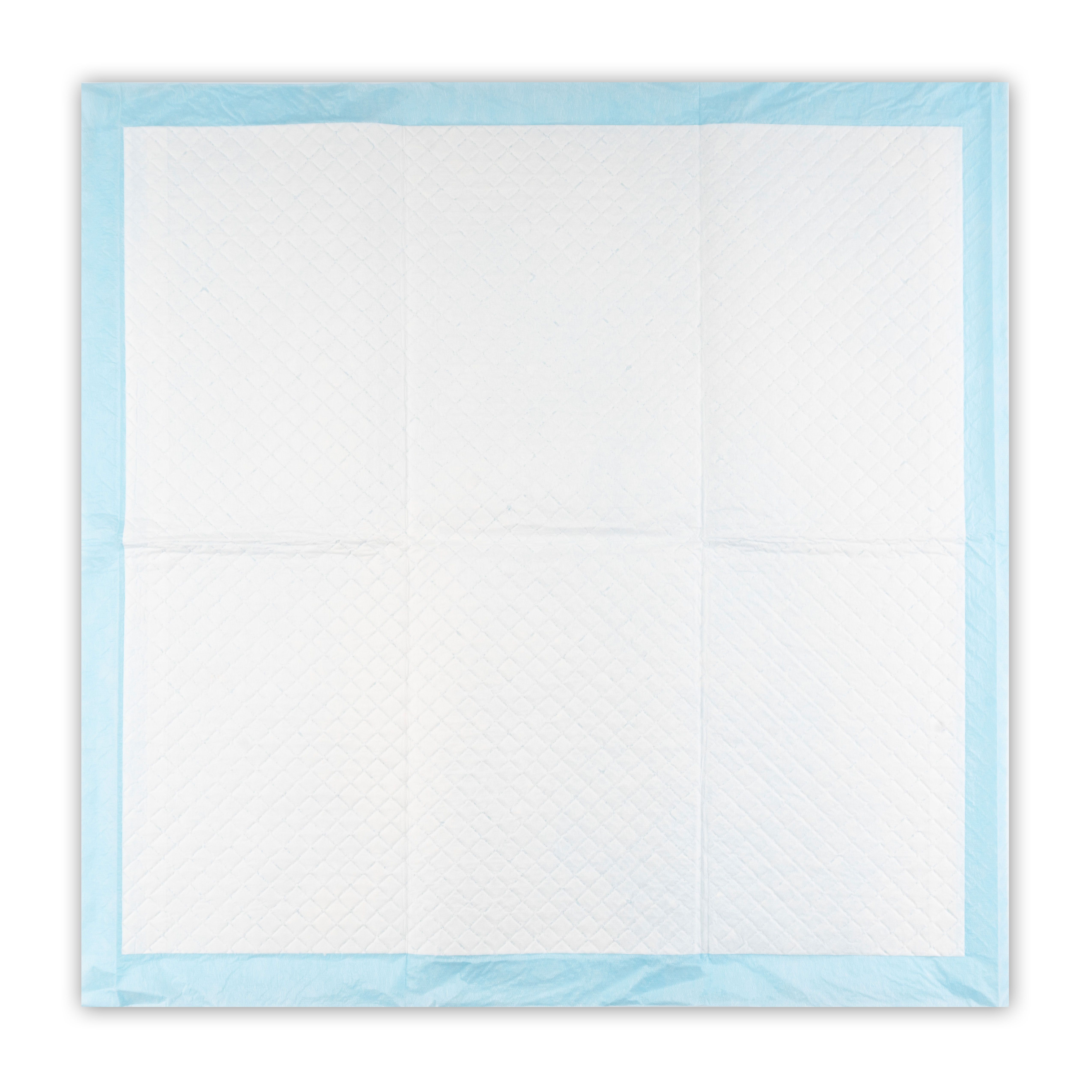 Rechteckige, blaue Inkontinenz Unterlage mit weißer, absorbierender Oberfläche. Quadratisches Muster.