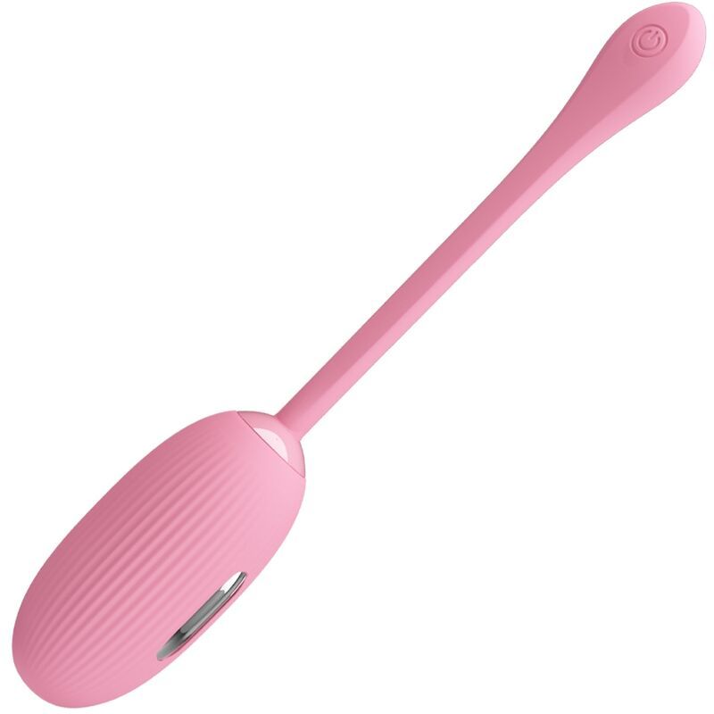 Rosa Ei mit geriffelter Oberfläche und Stiel. Am Stielende befindet sich ein Knopf.