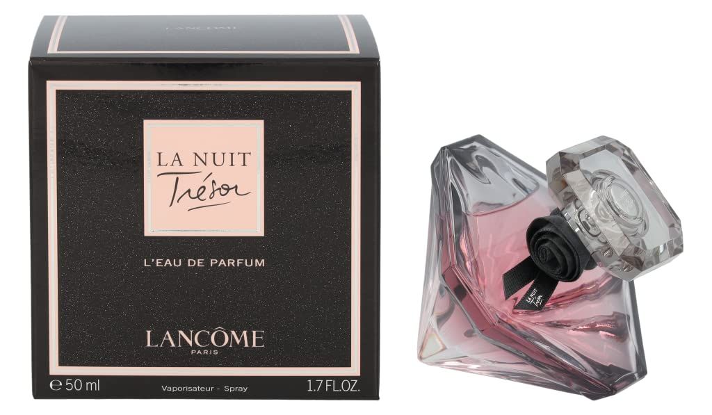 Schwarzer Karton mit rosa Etikett. Flakon daneben. Aufschrift: La Nuit Trésor, L'Eau de Parfum, Lancôme Paris. Flakonform: Diamant.