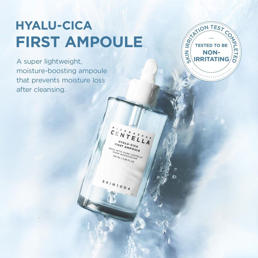 Hyalu-Cica First Ampoule Serum mit Pipette. Hydriert, stärkt die Hautbarriere, zieht schnell ein.
