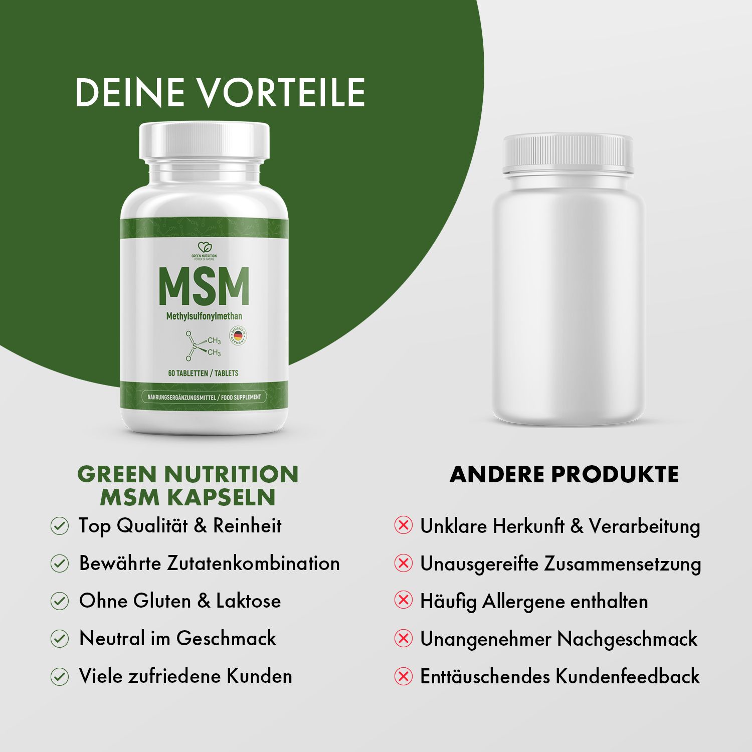 Flasche mit grünem Etikett. Aufschrift MSM Kapseln. Vorteile: Top Qualität, ohne Gluten & Laktose. Andere Produkte: Mängel.