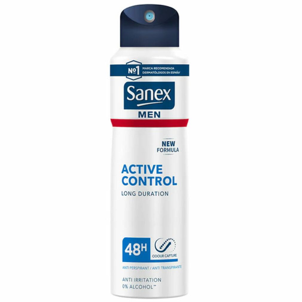 Sanex Men Active Control Deodorant Spray. Weißes Spray mit blauem Deckel. Produktname, Logo und 48H-Kennzeichnung.