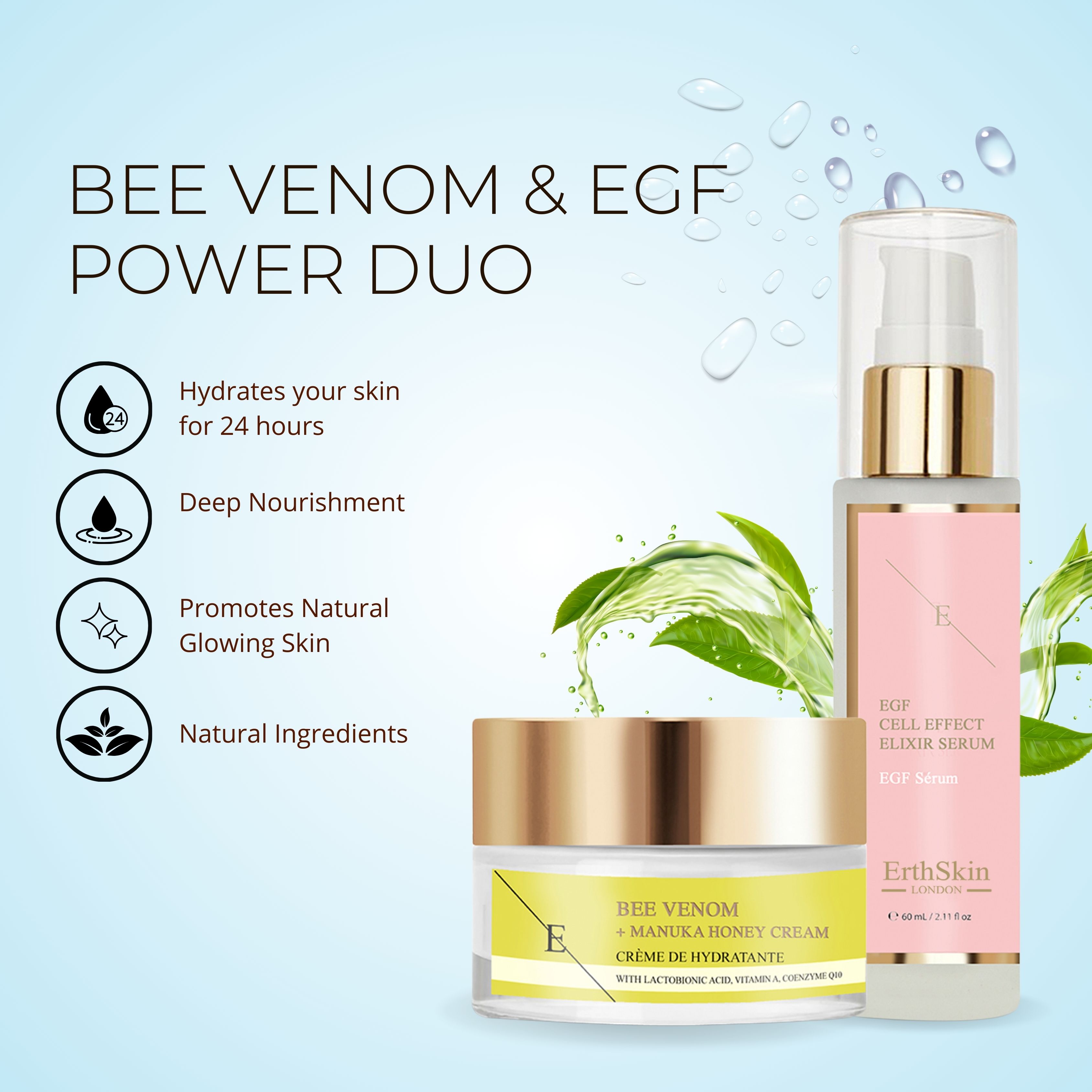 Kosmetikprodukte mit goldfarbenen Deckeln und Etiketten. ErthSkin London-Logo. Text: Bee Venom & EGF Power Duo.