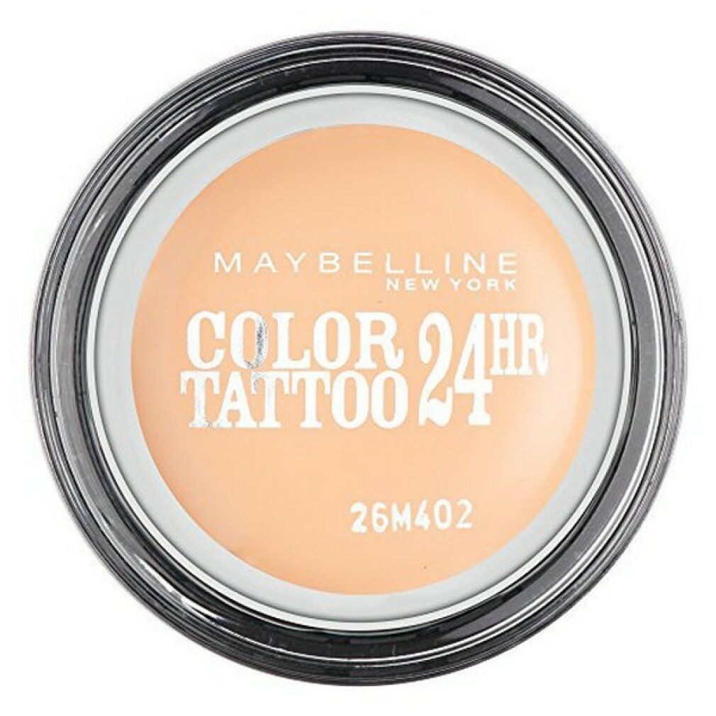 Maybelline New York Color Tattoo 24h Lidschatten in Dose. Pfirsichfarbener Lidschatten mit silberner Schrift. Deckel mit Produktinfo.
