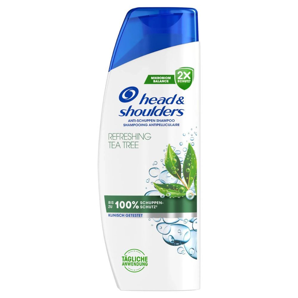 Flacon de shampooing Head & Shoulders Refreshing Tea Tree. Emballage blanc et vert. Label 2X protection.
