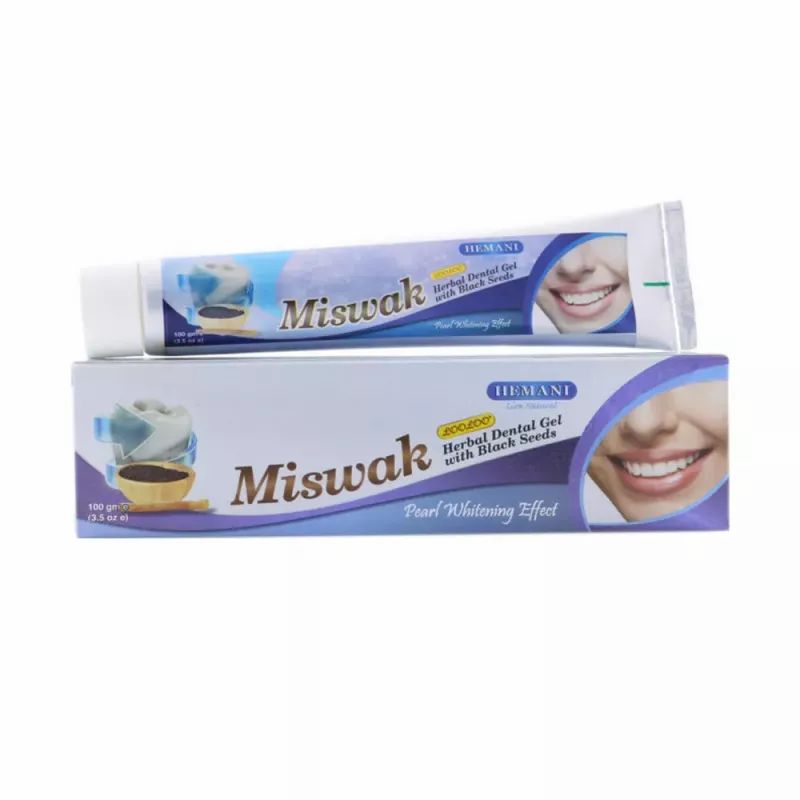 Zahnpasta-Tube und -Schachtel. Aufschrift "Miswak" und "Hemani". Enthält Kräuter-Zahngel mit Schwarzkümmel. Perlmutt-Aufhellungseffekt.