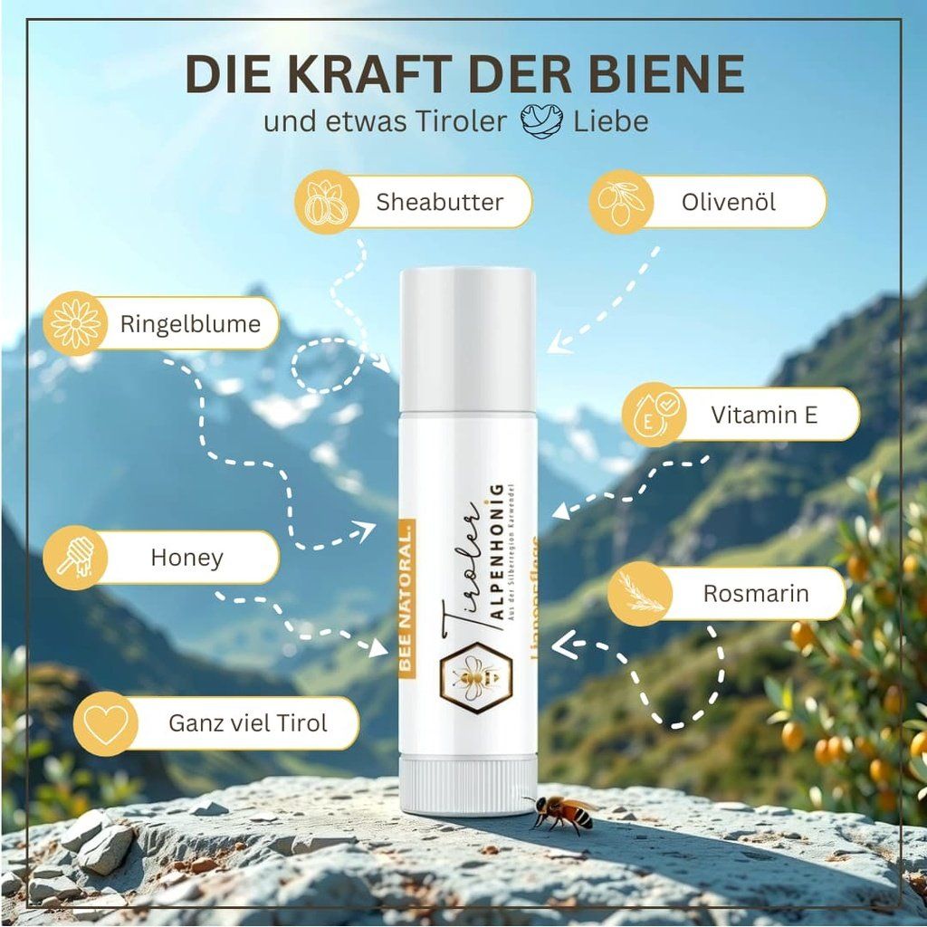 Lippenpflege-Stift mit Berglandschaft und Zutaten-Icons. Aufschrift: Tiroler Alpenhonig, Bee Natural. Zutaten: Sheabutter, Olivenöl, Ringelblume, Honig, Vitamin E, Rosmarin.