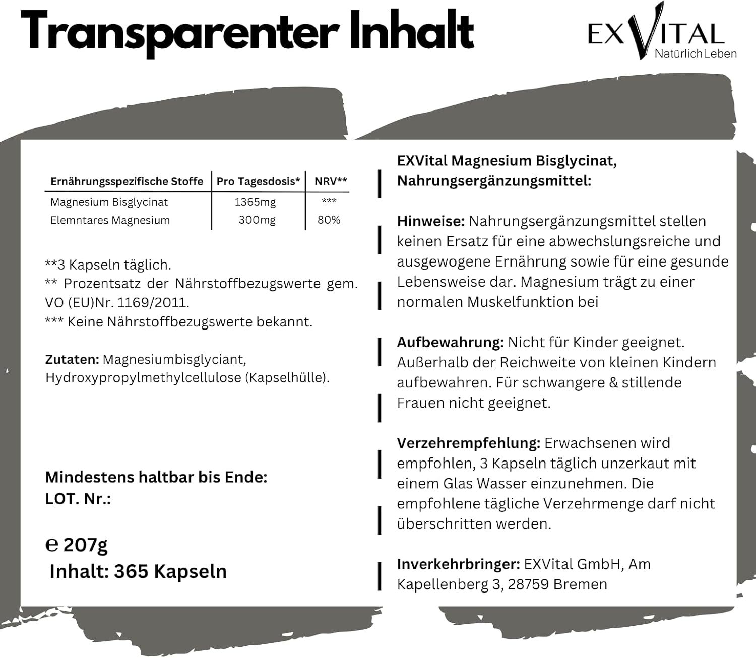 EXVital® Magnesiumbisglycinat, hochdosiert 1365mg pro Tag, vegan