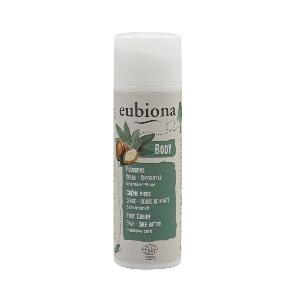 Zylindrische Tube mit weißem Deckel. Aufschrift: eubiona, Fußcreme, Salbei-Sheabutter. Grün-weiße Etikettierung. Bio-Zertifizierung.