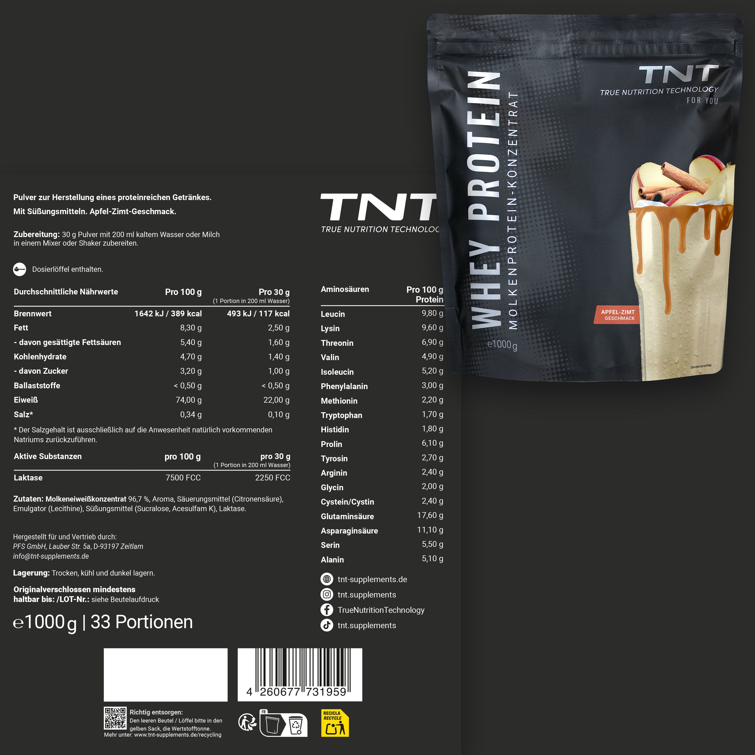TNT Whey Protein Konzentrat-Beutel und Nährwerttabelle. Text: e1000g, 33 Portionen. Aufdruck: Apfel-Zimt-Geschmack. Informationen zu Inhaltsstoffen und Nährwerten.