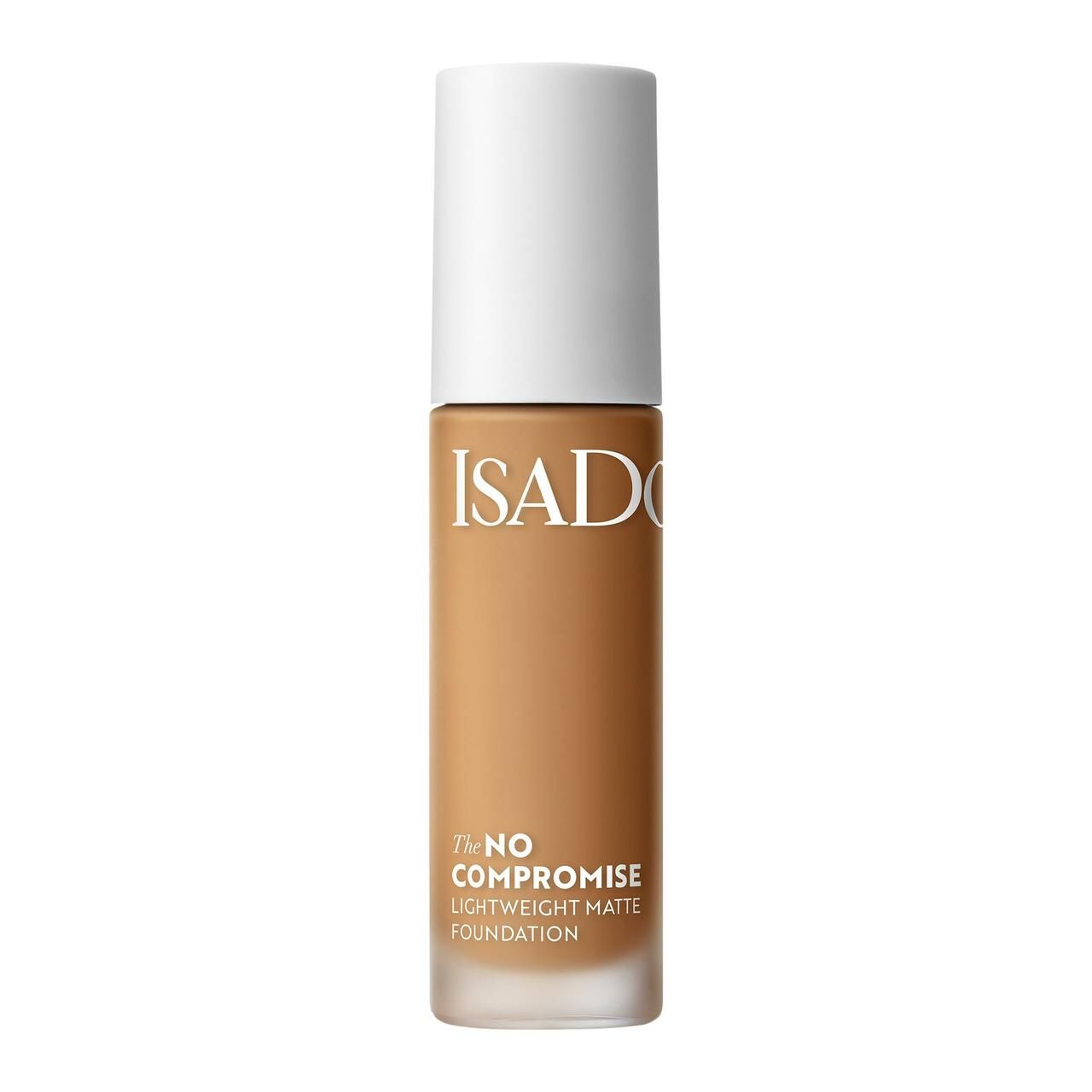 IsaDora No Compromise Matte Foundation. Flasche mit hellbrauner Flüssigkeit und weißem Deckel. Produktname und Marke deutlich sichtbar.