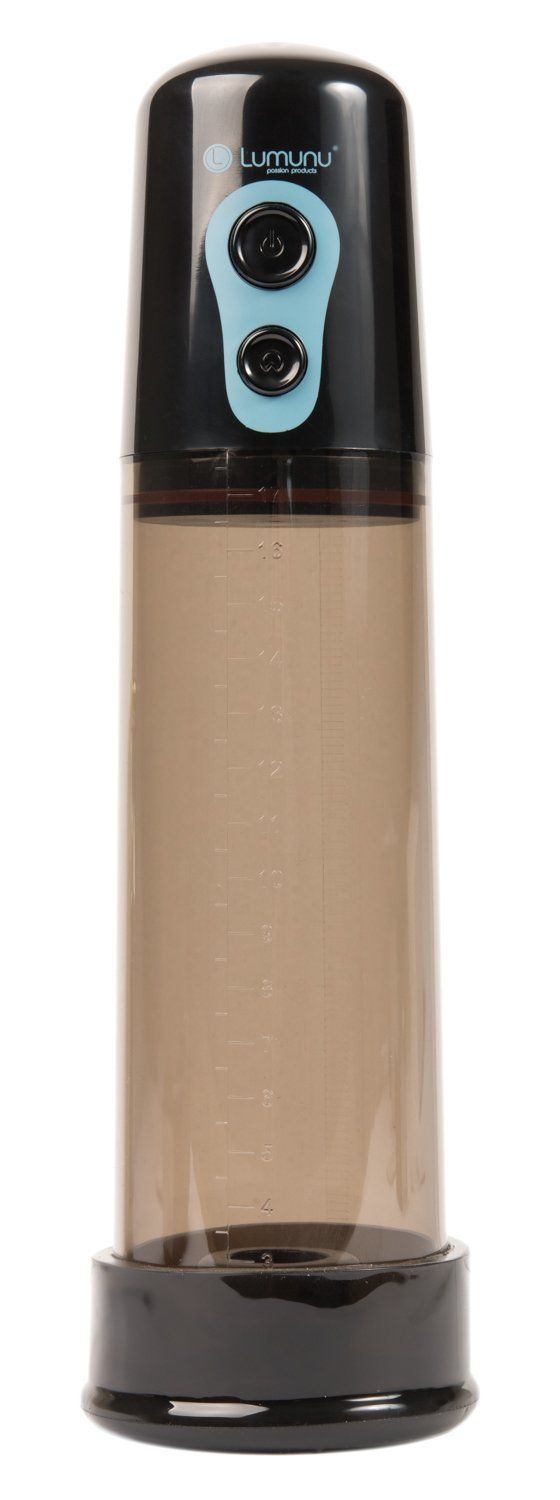 Automatische Penispumpe. Schwarz-transparente Zylinder mit Messskala. Oberteil mit Knöpfen und Logo.